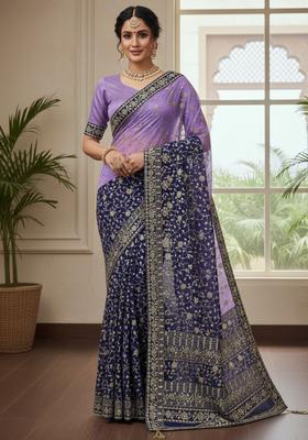 Purple Embellished Georgette Saree Set