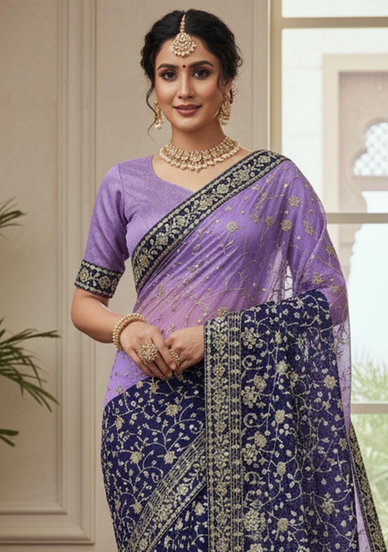 Purple Embellished Georgette Saree Set - Indya
