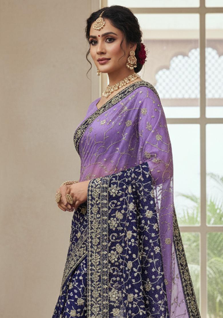Purple Embellished Georgette Saree Set - Indya