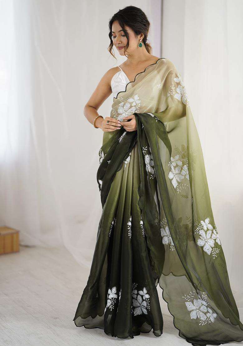 Green Embellished Organza Saree Set - Indya