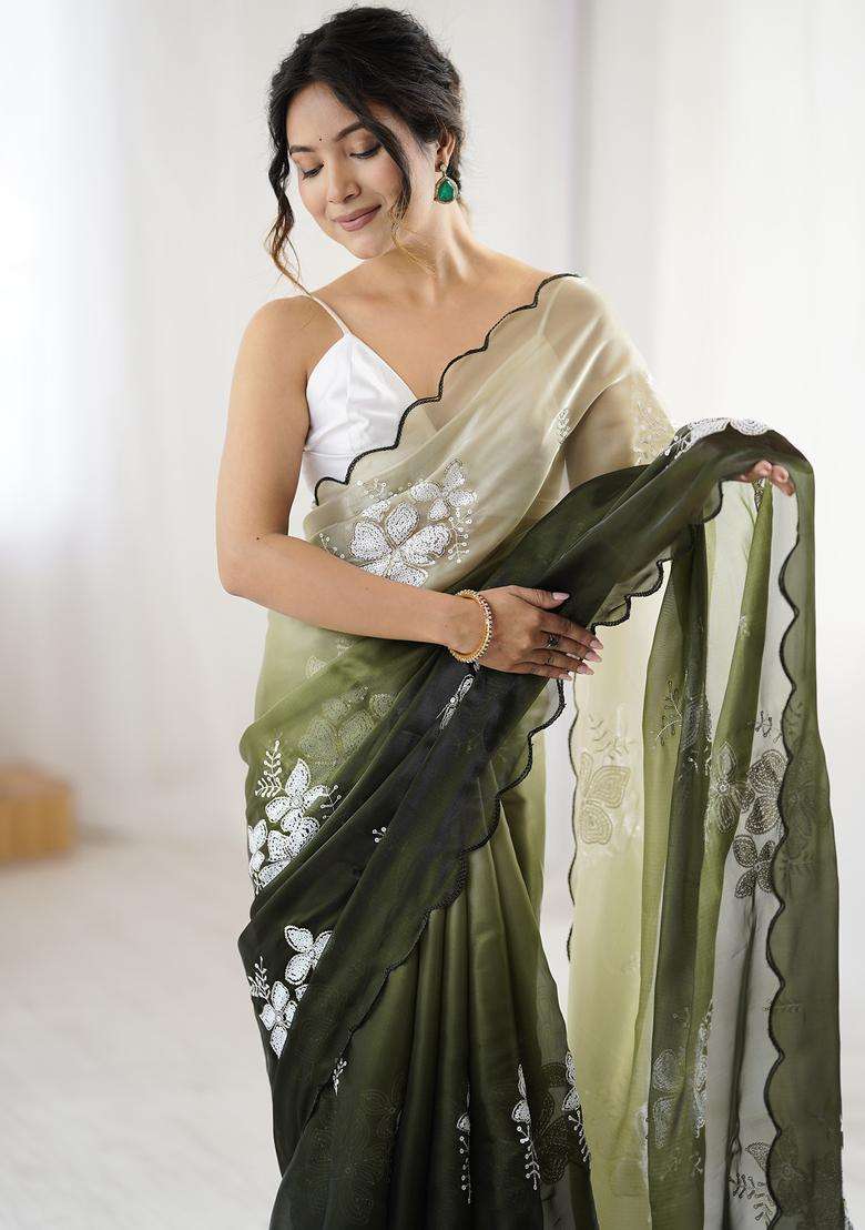 Green Embellished Organza Saree Set - Indya