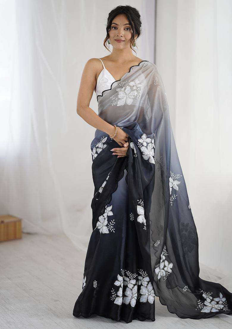 Black Embellished Organza Saree Set - Indya