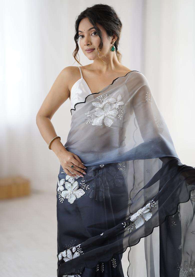 Black Embellished Organza Saree Set - Indya