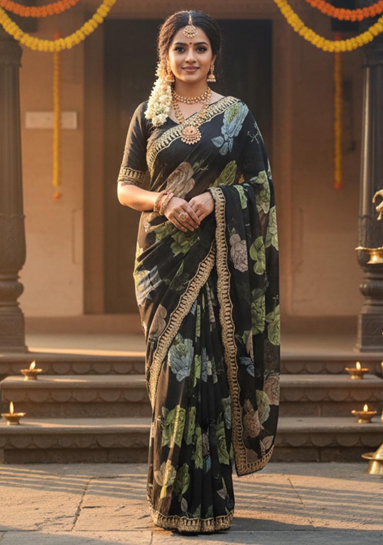 Black Printed Georgette Saree Set - Indya