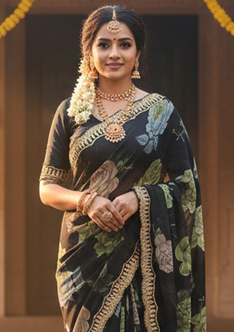 Black Printed Georgette Saree Set - Indya