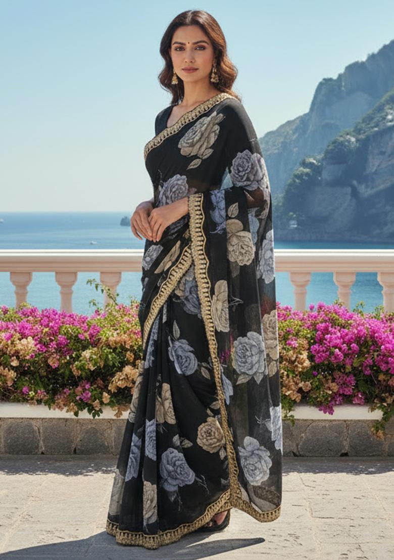 Black Printed Georgette Saree Set - Indya