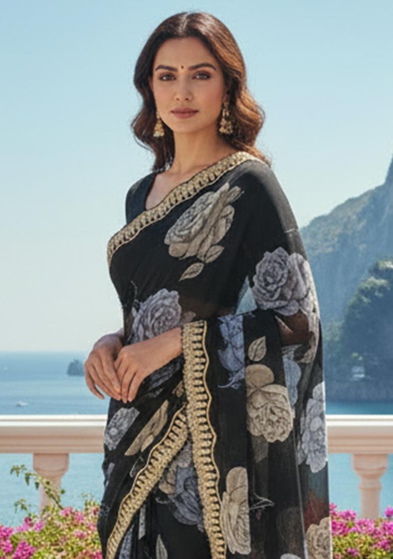 Black Printed Georgette Saree Set - Indya