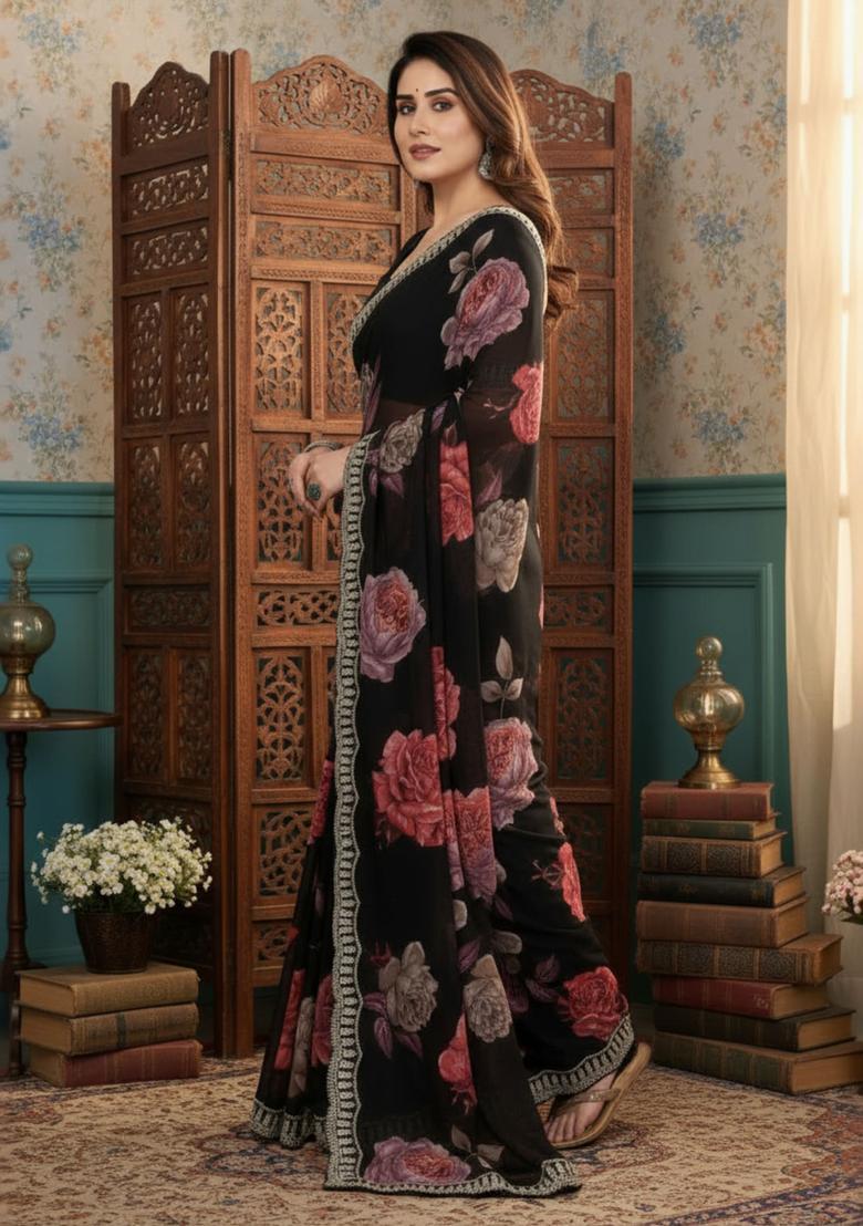 Black Printed Georgette Saree Set - Indya