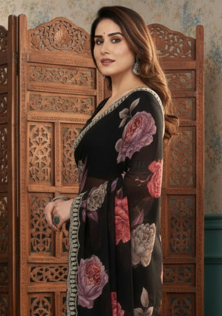 Black Printed Georgette Saree Set - Indya