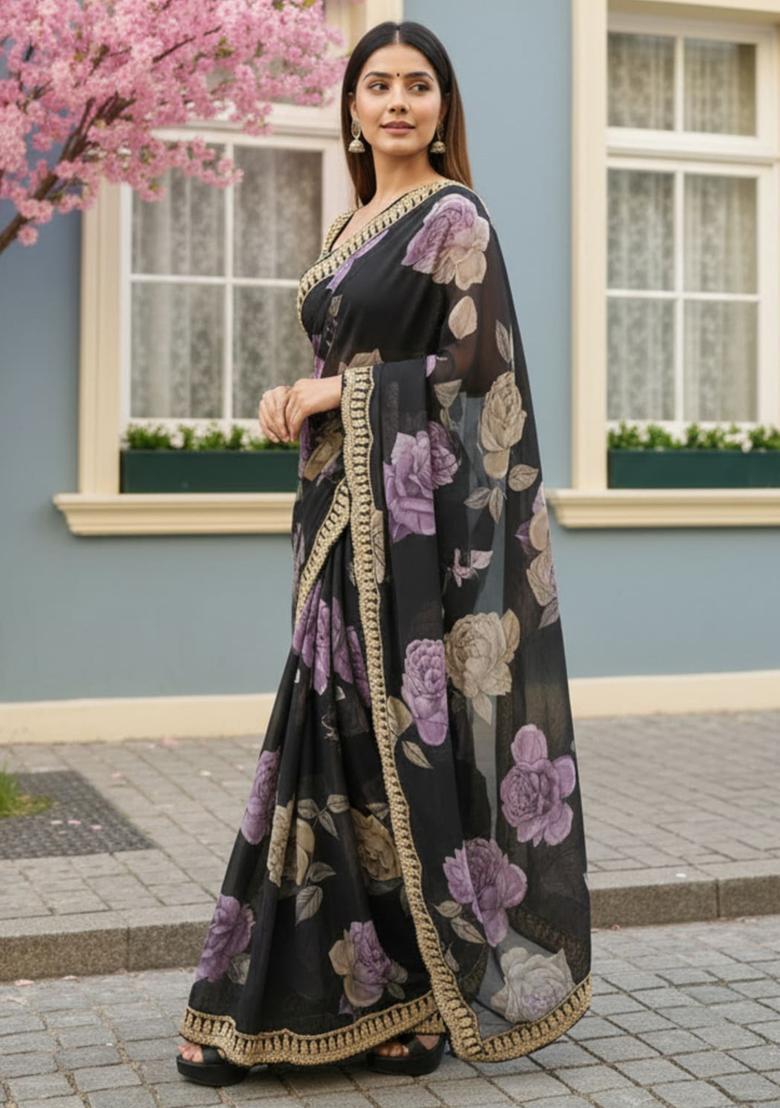 Black Printed Georgette Saree Set - Indya
