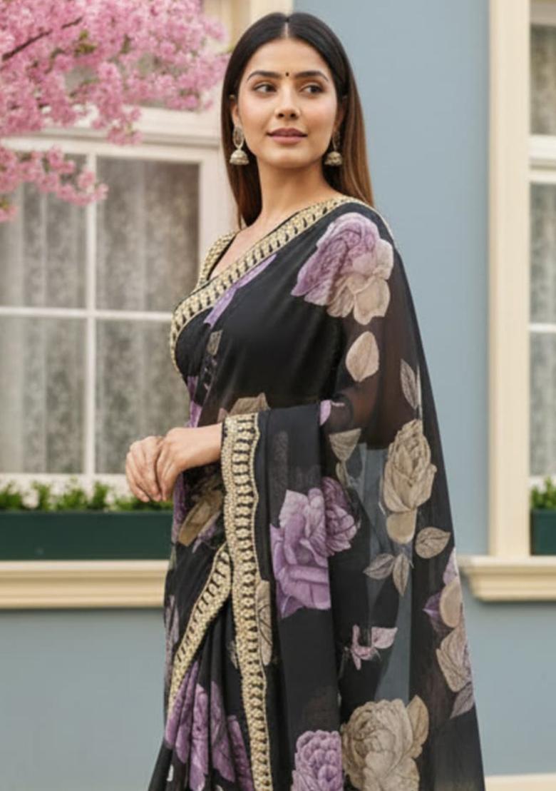 Black Printed Georgette Saree Set - Indya