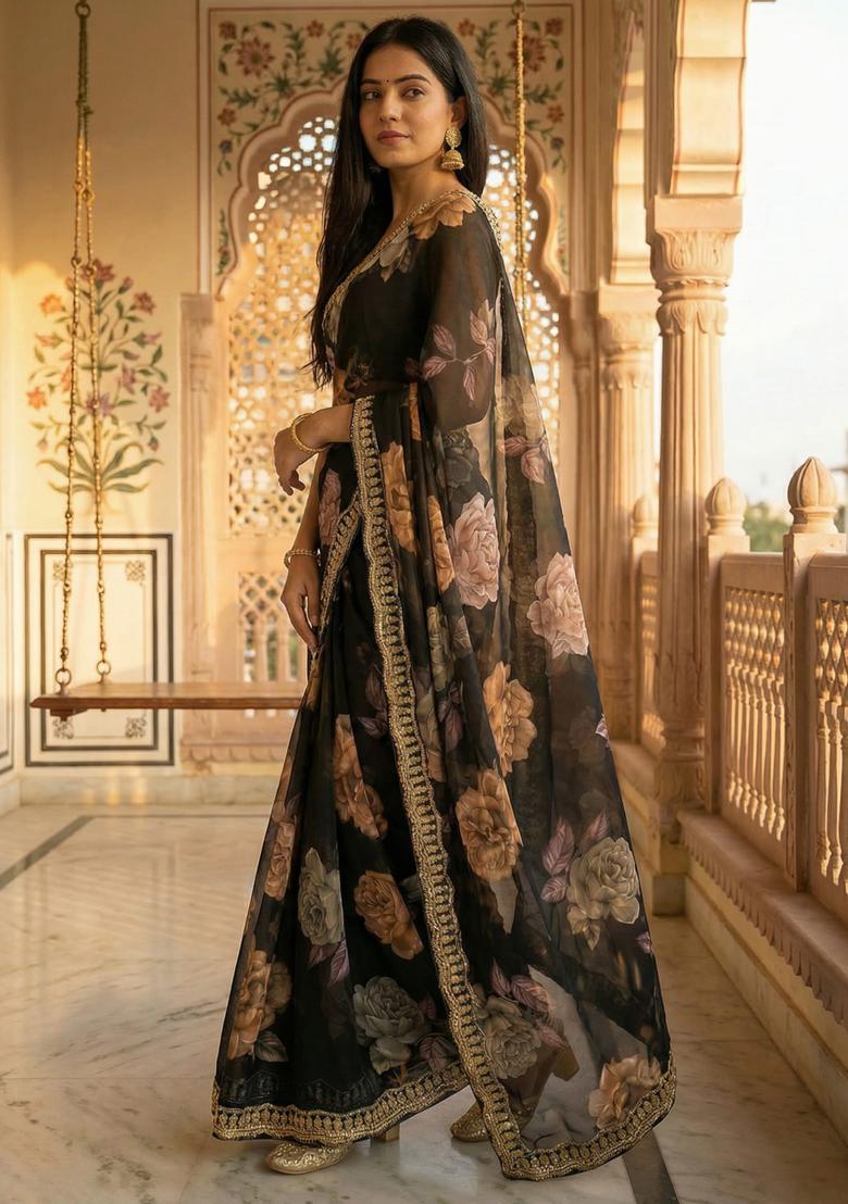 Black Printed Georgette Saree Set - Indya