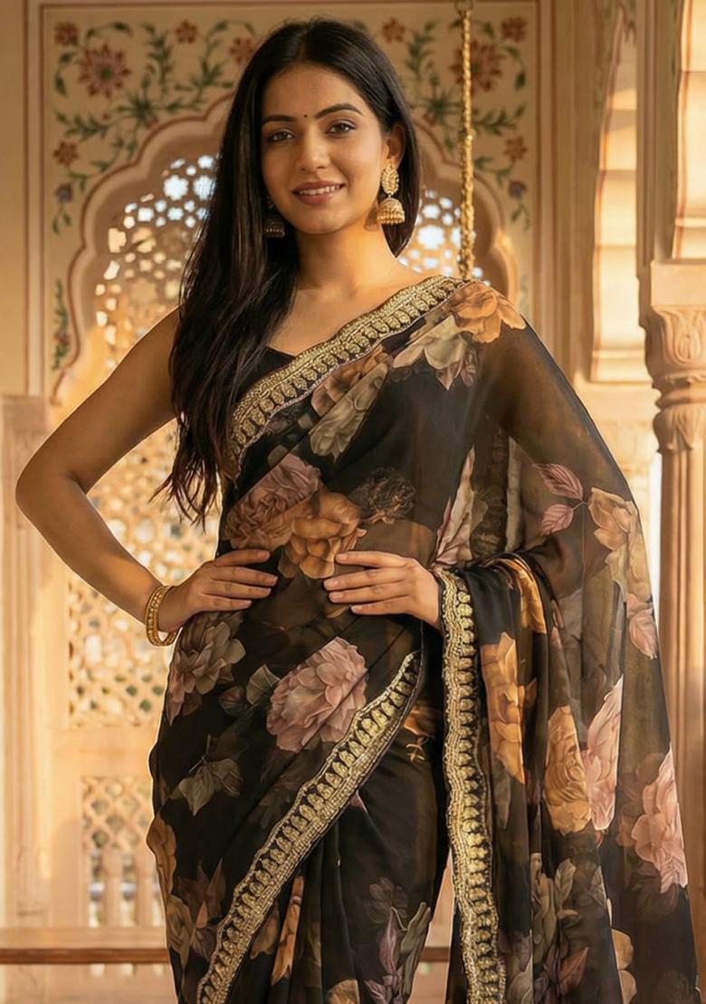 Black Printed Georgette Saree Set - Indya