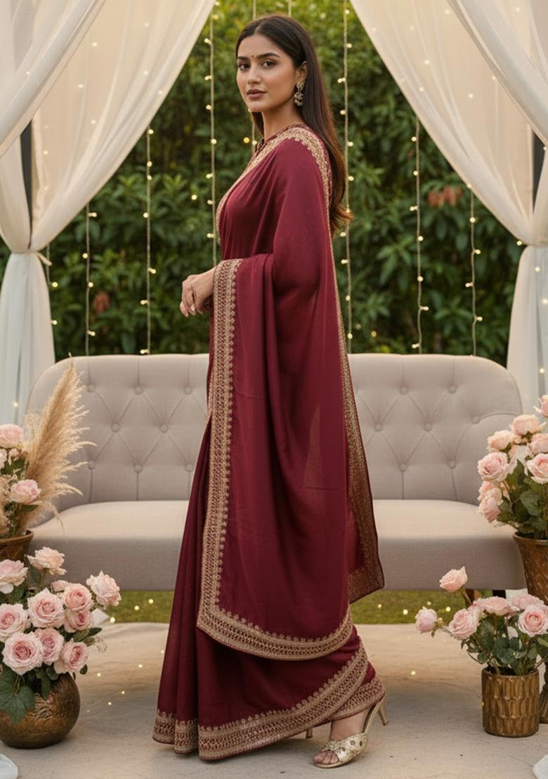 Maroon Embellished Georgette Saree Set - Indya