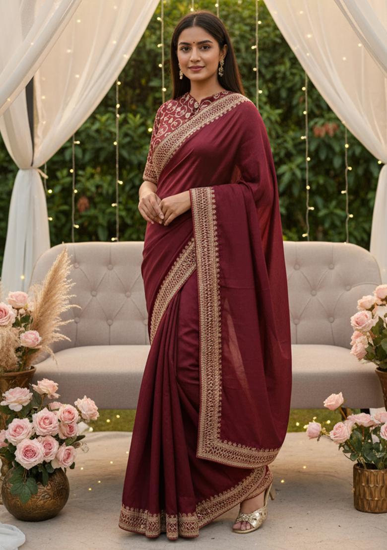 Maroon Embellished Georgette Saree Set - Indya