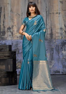 Teal Blue Woven Design Silk Saree Set