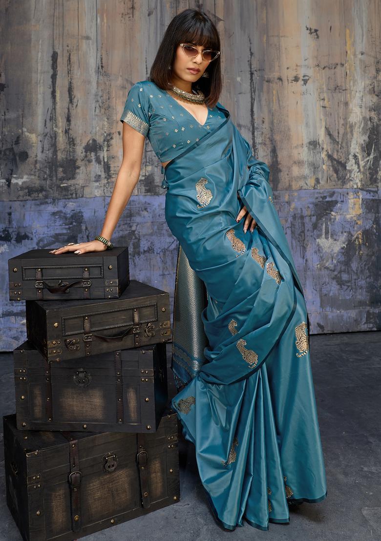 Teal Blue Woven Design Silk Saree Set - Indya