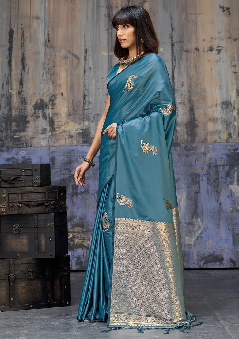 Teal Blue Woven Design Silk Saree Set - Indya