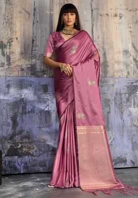 Mauve Woven Design Silk Saree Set