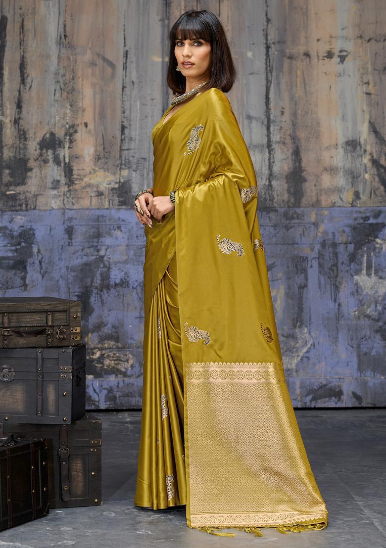 Mustard Woven Design Silk Saree Set - Indya
