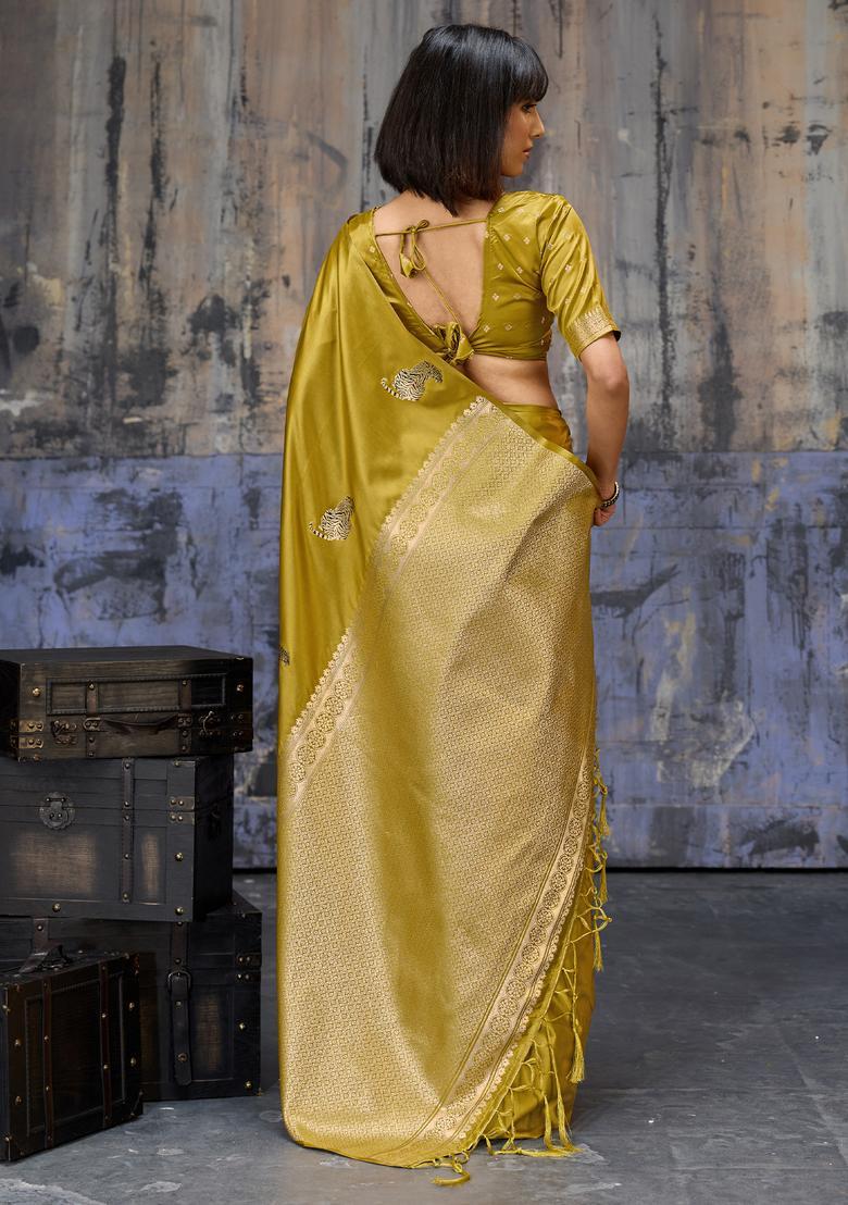 Mustard Woven Design Silk Saree Set - Indya