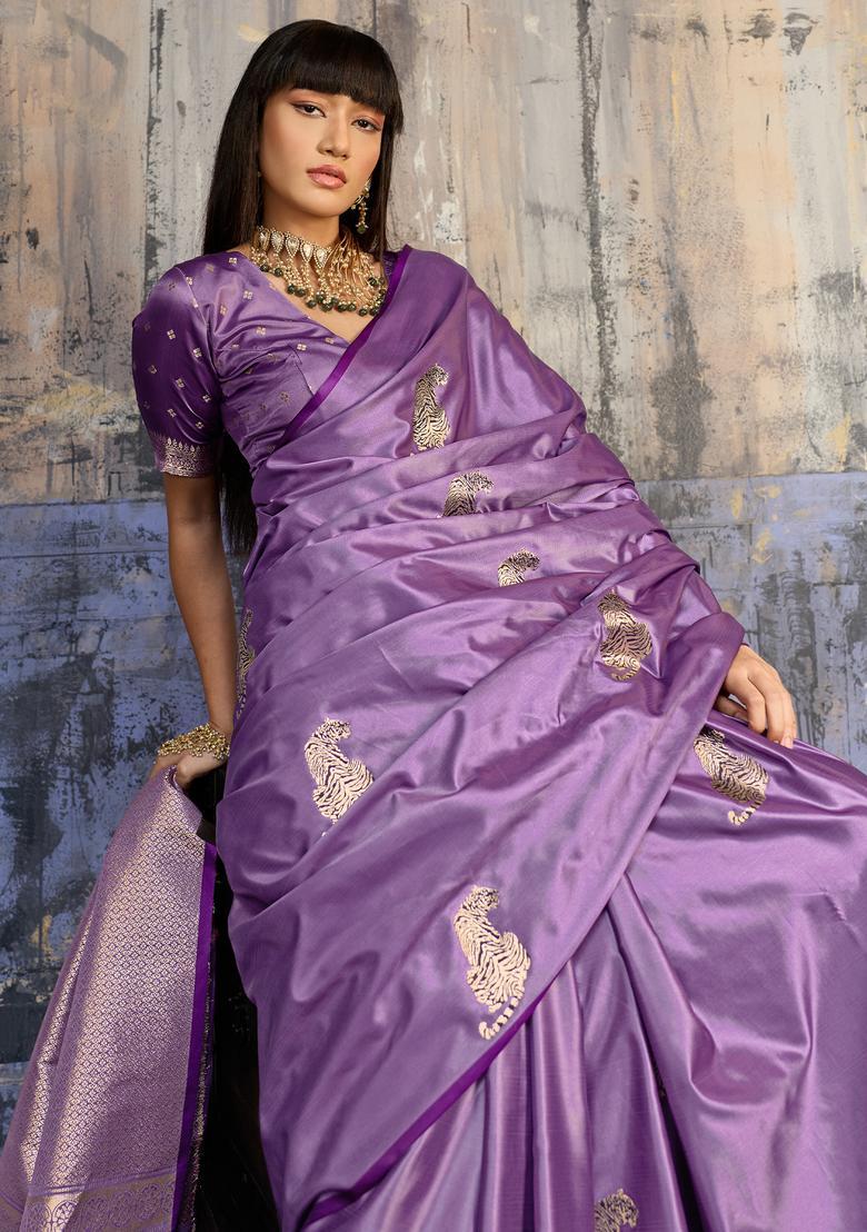 Lavender Woven Design Silk Saree Set - Indya