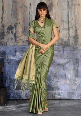 Olive Woven Design Silk Saree Set