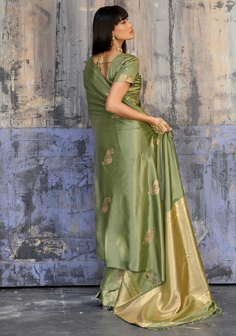 Olive Woven Design Silk Saree Set - Indya