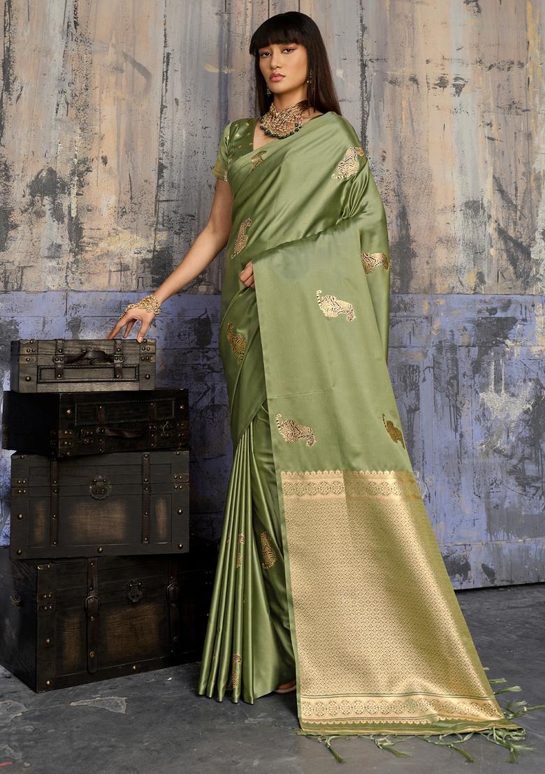 Olive Woven Design Silk Saree Set - Indya