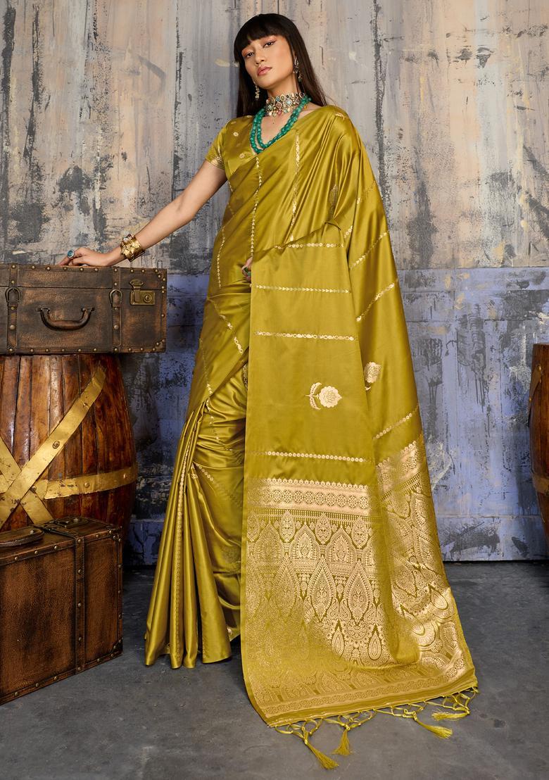 Mustard Woven Design Silk Saree Set - Indya