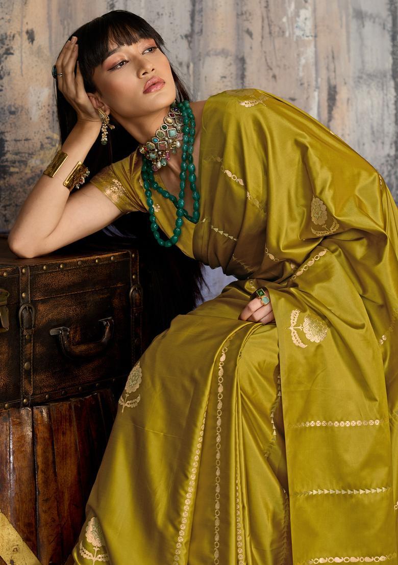 Mustard Woven Design Silk Saree Set - Indya