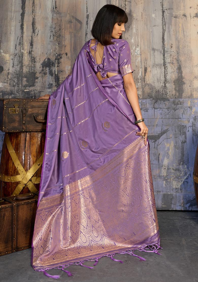 Lavender Woven Design Silk Saree Set - Indya