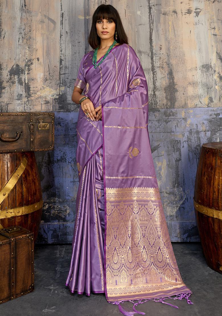 Lavender Woven Design Silk Saree Set - Indya