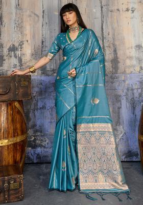 Teal Blue Woven Design Silk Saree Set