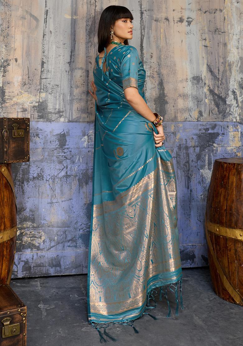 Teal Blue Woven Design Silk Saree Set - Indya