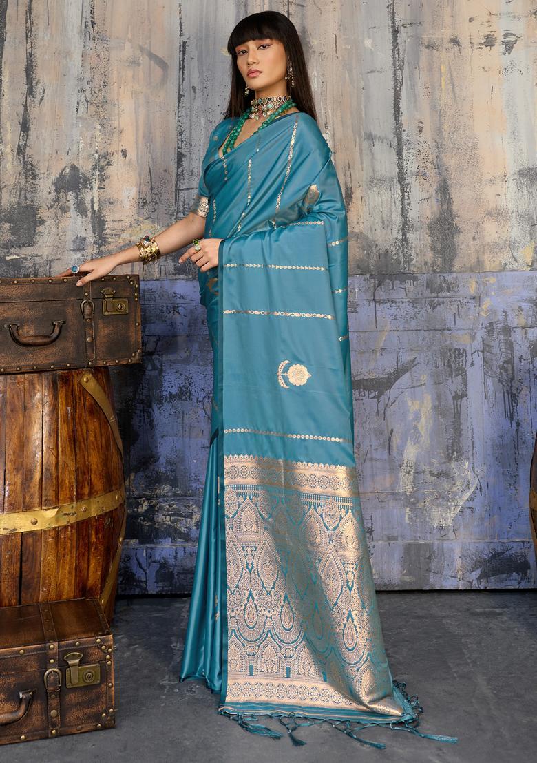 Teal Blue Woven Design Silk Saree Set - Indya