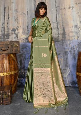 Olive Woven Design Silk Saree Set