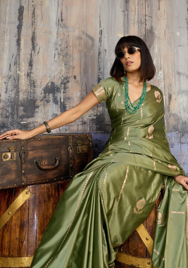 Olive Woven Design Silk Saree Set - Indya