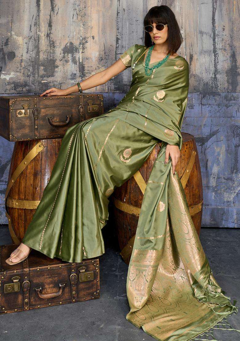Olive Woven Design Silk Saree Set for Diwali | Wedding & Festive Wear - Indya
