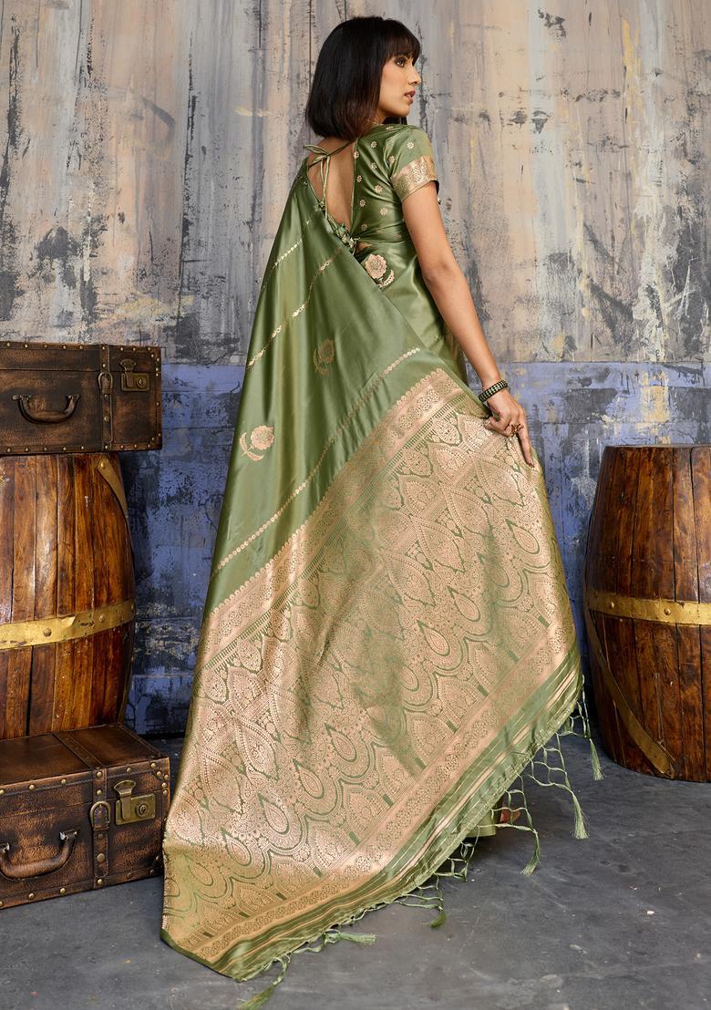 Olive Woven Design Silk Saree Set - Indya