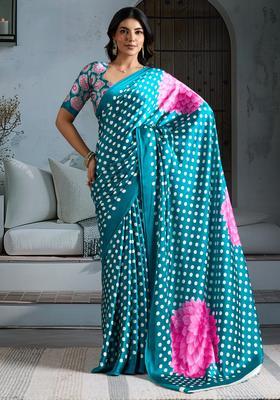 Teal Blue Printed Satin Saree Set