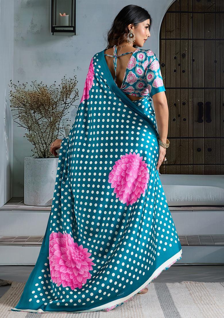 Teal Blue Printed Satin Saree Set - Indya
