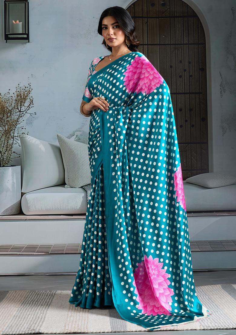 Teal Blue Printed Satin Saree Set - Indya