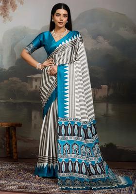Teal Blue Printed Satin Saree Set