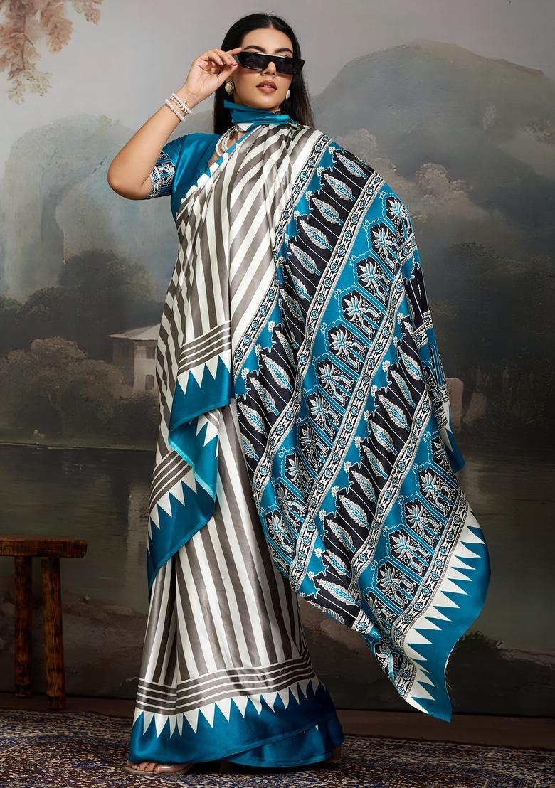 Teal Blue Printed Satin Saree Set - Indya