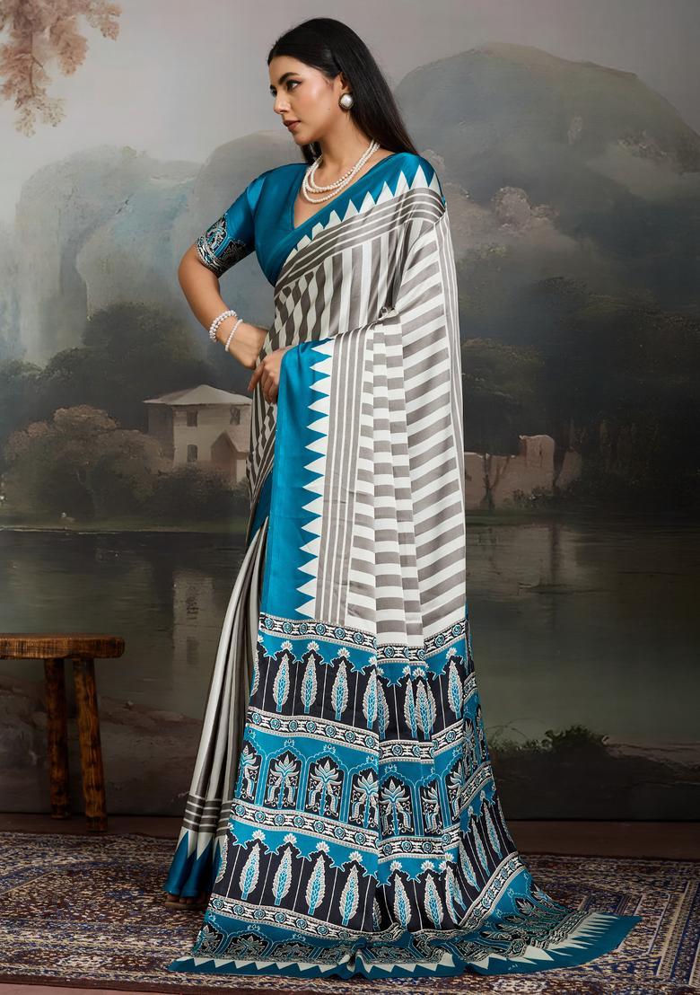 Teal Blue Printed Satin Saree Set - Indya