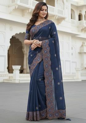 Navy Blue Embroidery Chiffon Saree Set