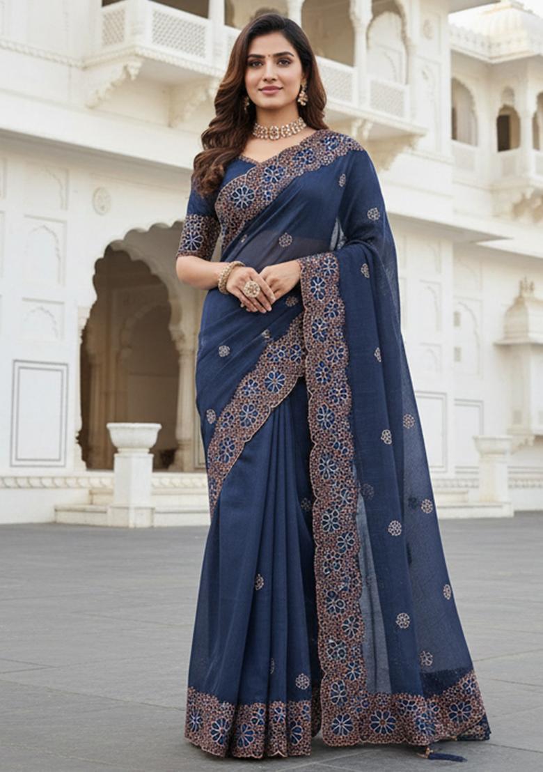 Navy Blue Embroidery Chiffon Saree Set - Indya
