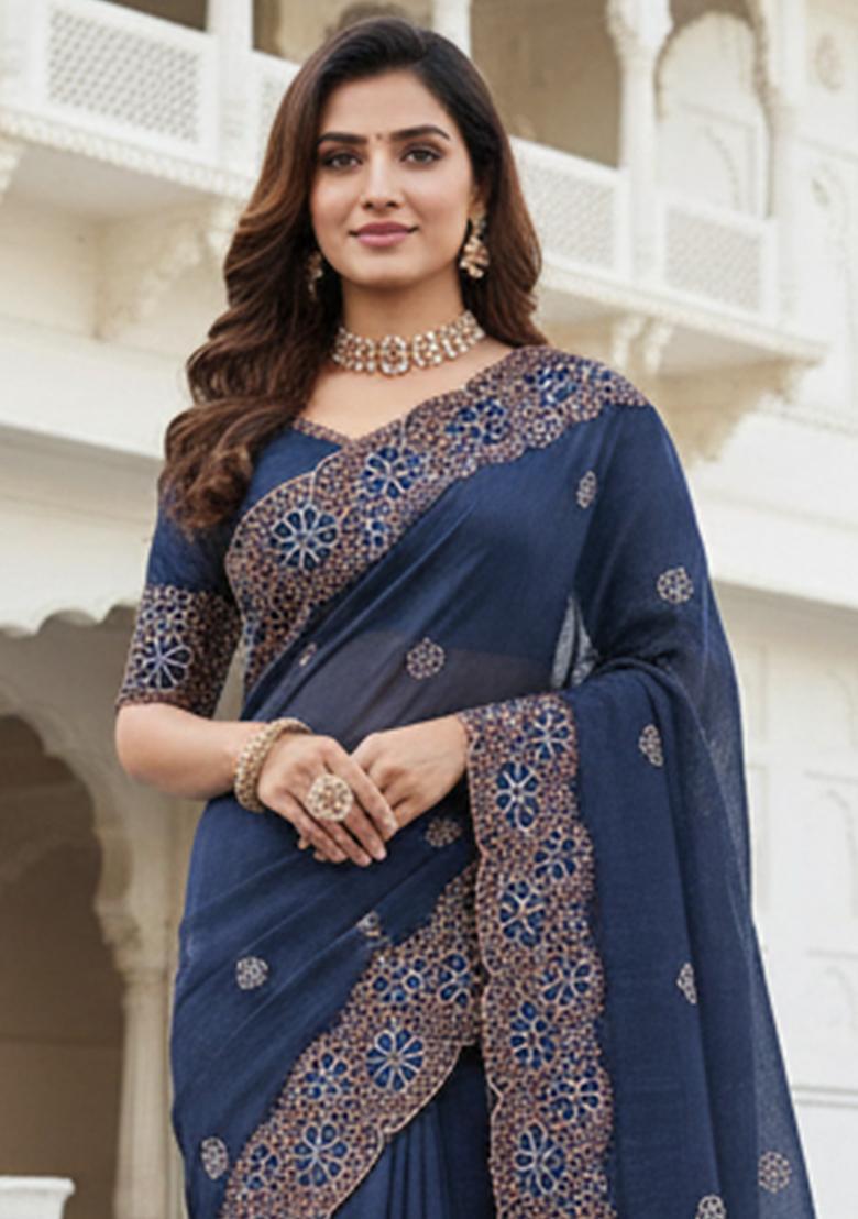 Navy Blue Embroidery Chiffon Saree Set - Indya