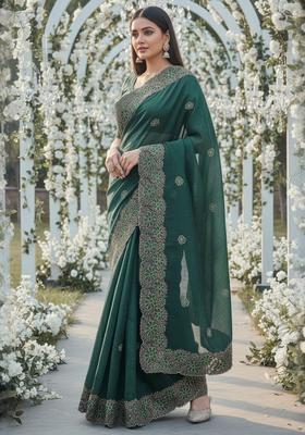 Green Embroidery Chiffon Saree Set